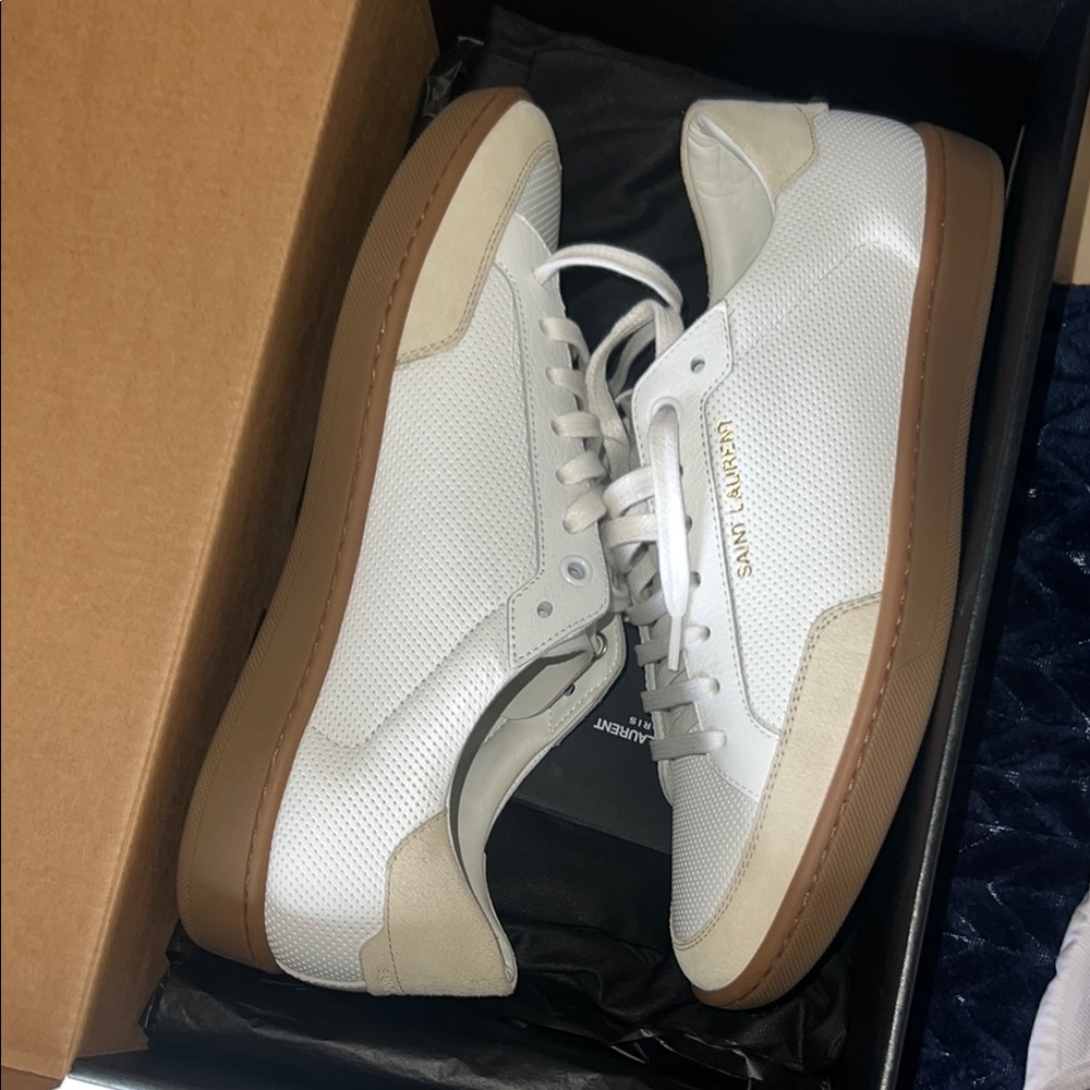 Saint Laurent White and Tan Sneakers Minimalist Design